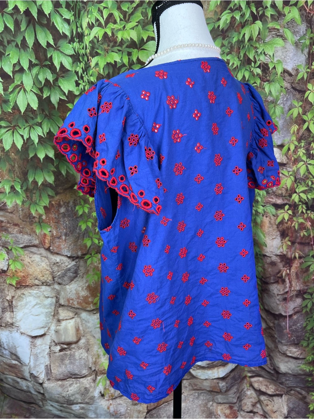 JW STYLE Bohemian Resortwear Blue Ruffled Sleeve Tope with Red Embroidery, XL - Picture 7 of 12